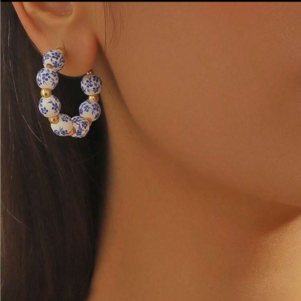Handcrafted Blue & White Floral
Porcelain Beaded Open Hoop Earrings - Picture 2 of 9